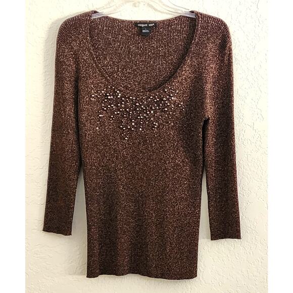 TOP/BLOUSE-AUGUST SILK-Brown-Gold Shimmer Thread-Low Cut-Beading-Silk Blend-M/L - Picture 1 of 12